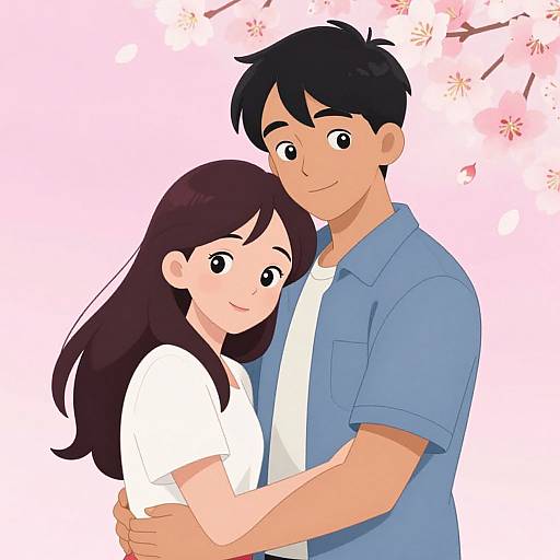 Digital anime-style illustration of a young couple embracing under cherry blossoms. Boy in blue shirt, girl in white, both smiling. Pink cherry blossom branches