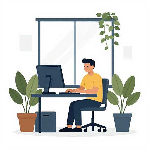Man Working at Desk with Plants