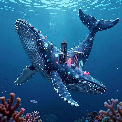 Digital artwork of a blue whale adorned with a city skyline of skyscrapers, floating underwater with coral reefs below and bubbles rising.