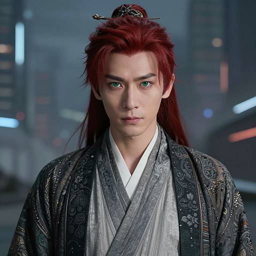 Digital CGI image of a serious young man with red hair, green eyes, wearing a detailed black and gray patterned kimono, in a futuristic city