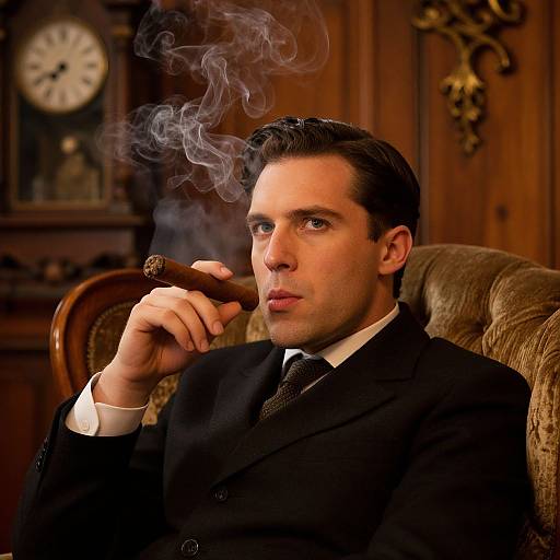 Photograph of a handsome, serious-looking man with slicked-back brown hair, smoking a cigar, wearing a black suit and tie, seated in a