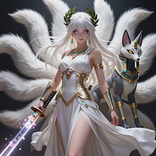 Digital art: Mystical white-haired woman with glowing purple eyes, nine white fox tails, gold armor, and a glowing sword, stands with an An
