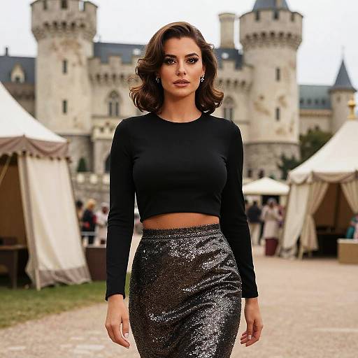 Photograph of a brunette woman with wavy hair, wearing a black long-sleeve crop top and silver sequin skirt, standing in front of