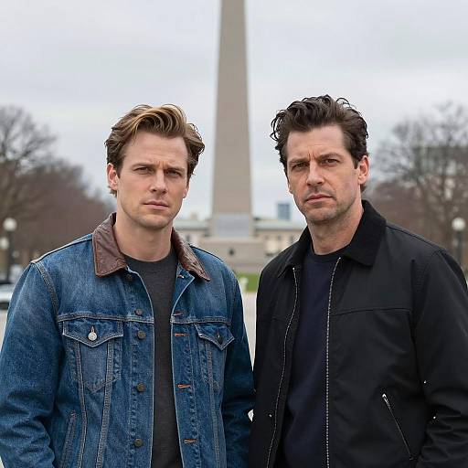 Two Men Standing Outdoors With Serious Expressions