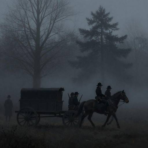 Misty 19th-Century Soldiers and Wagons