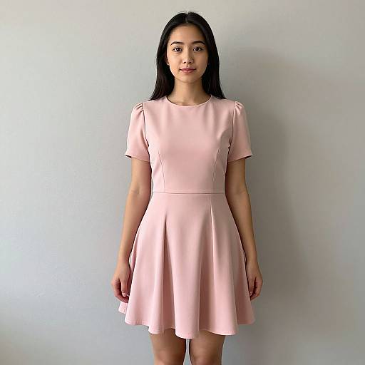 Photograph of an Asian woman with long black hair, wearing a light pink, short-sleeved, flared dress, standing against a plain white