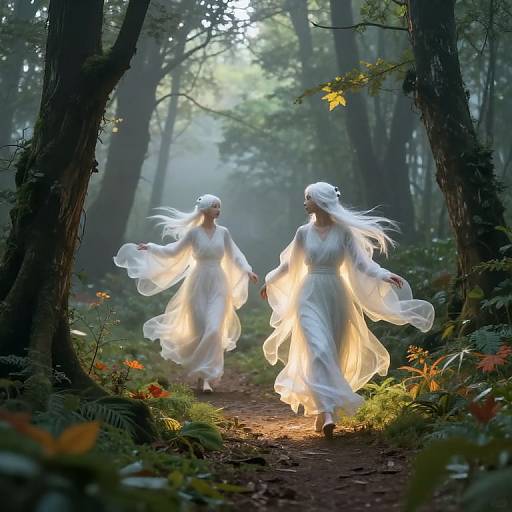 Two ethereal, white-robed women with flowing hair and glowing bodies dance through a misty, forest path, surrounded by vibrant greenery and sunlight