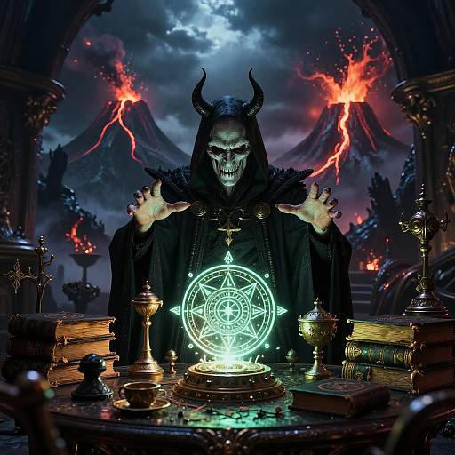 Dark sorcerer with glowing magic circle, horns, and skull mask, raises hands over fiery volcanic landscape, surrounded by ancient books and candles. Digital fantasy