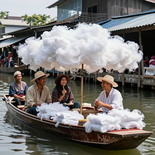 Photograph of three Southeast Asian vendors in traditional hats selling white smoke-filled baskets from a wooden boat on a canal.