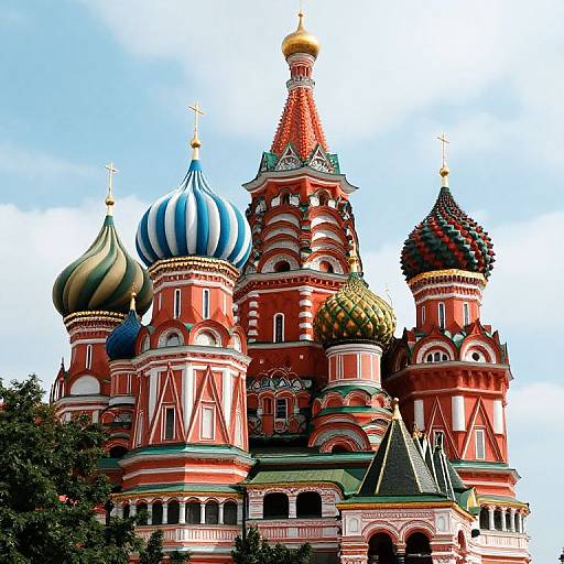 Photograph of St. Basil's Cathedral in Moscow, showcasing its vibrant red and white brickwork, colorful onion domes in green, blue, gold