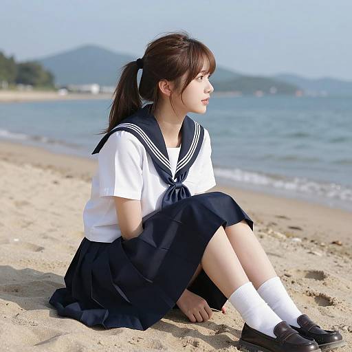 Japanese Schoolgirl Sitting on Beach