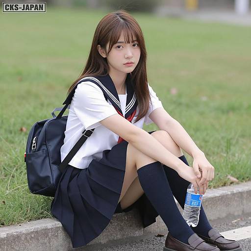 Asian Girl in Sailor Uniform at Park