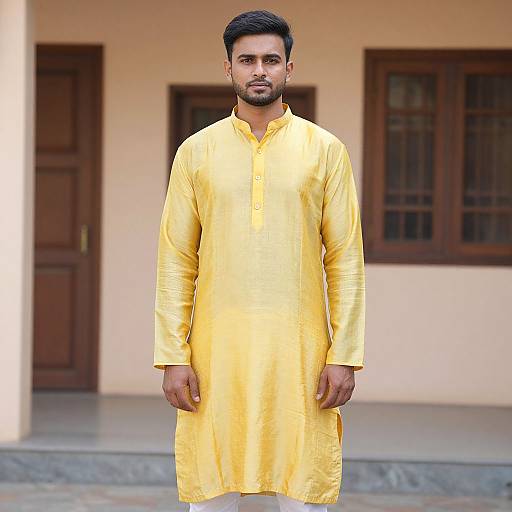 Photograph of a young South Asian man with short black hair and beard, wearing a bright yellow traditional long kurta, standing in front of a beige