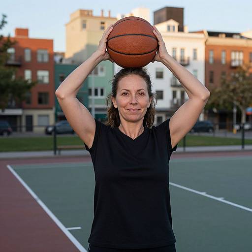 Photograph of a smiling woman with brown hair in a black sports shirt, holding an orange basketball above her head on a city outdoor basketball court. Urban