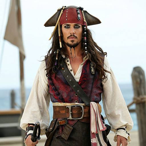 Photograph of a rugged pirate with long brown hair, red bandana, tricorn hat, white shirt, red vest, brown belt, and black