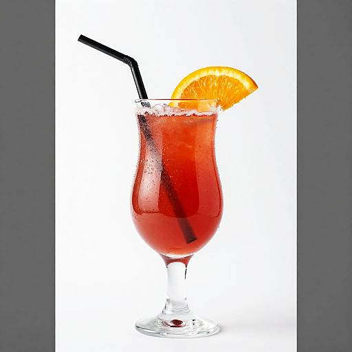 Photograph of a red tropical cocktail in a curved glass with ice, black straw, and orange slice, set against a white background.