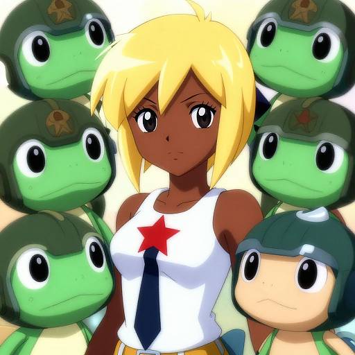 Digital anime-style drawing of a dark-skinned blonde girl with large eyes, wearing a white tank top with red star and black tie, surrounded by cute
