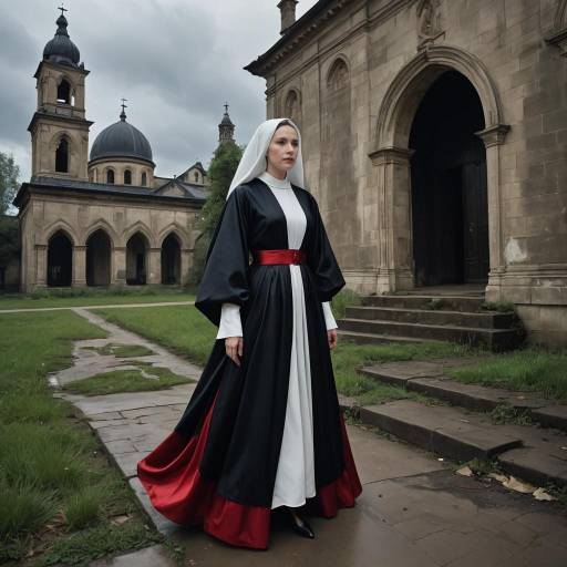 Woman in Nun Outfit Standing by Abandoned Church