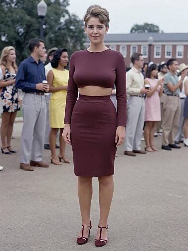 Photograph of a woman with short brown hair, wearing a maroon long-sleeve crop top and knee-length skirt, standing in front of a