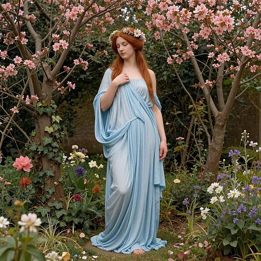 Photograph of a fair-skinned, red-haired woman with a flower crown, wearing a flowing, light blue Grecian dress, standing in a
