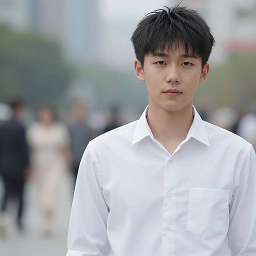Photograph of an Asian man with short black hair, wearing a crisp white button-down shirt, standing in a blurred urban background with indistinct people