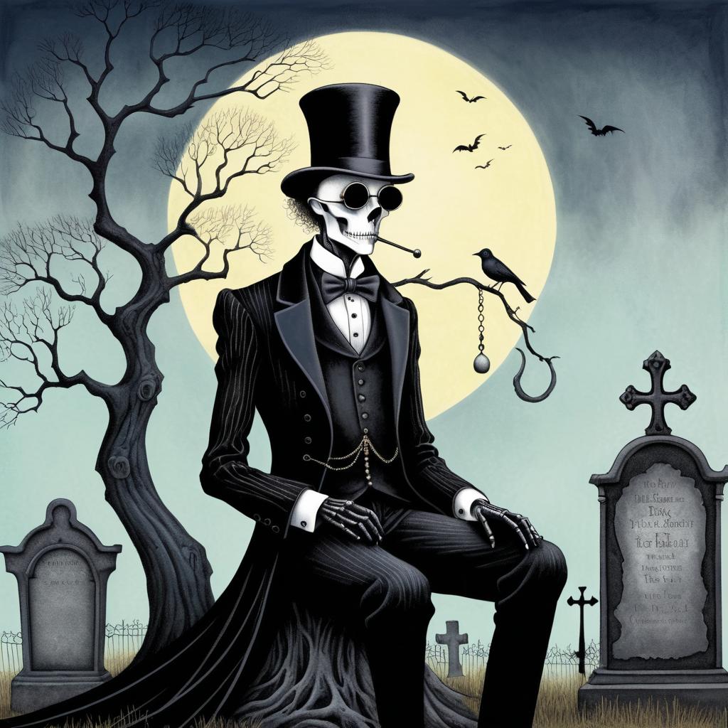 Eccentric Undertaker in Whimsical Cemetery Scene