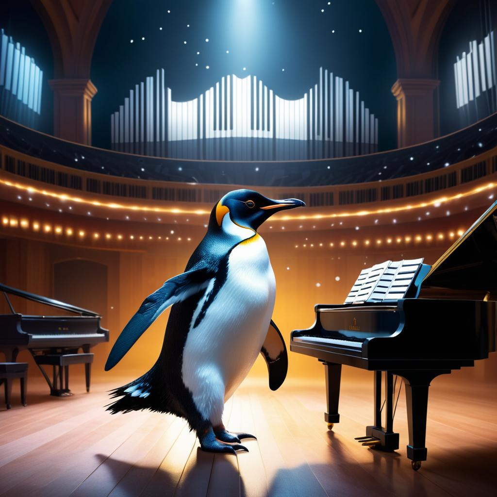 Surreal Penguin Piano in Concert Hall