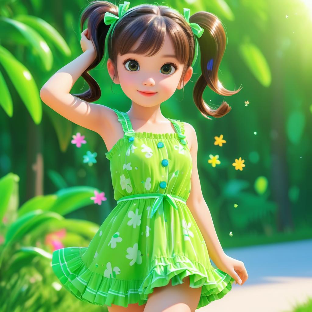 Playful Cartoon Brunette Girl in Dress