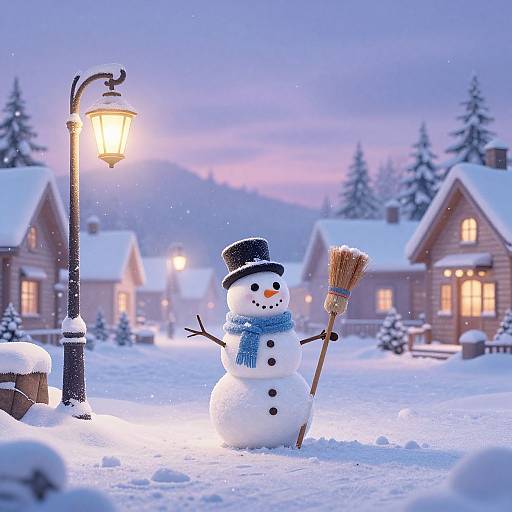 Dreamy Snowman Village Twilight Wallpaper