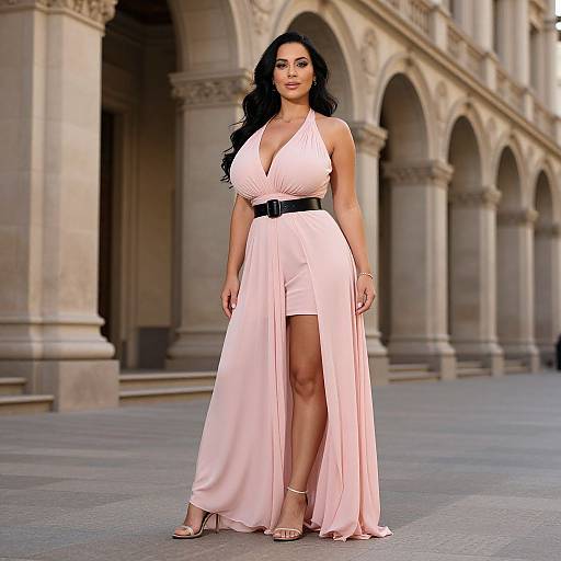 Photograph of a curvy woman with long black hair in a pink, plunging, high-slitted gown, black belt, and gold heels,