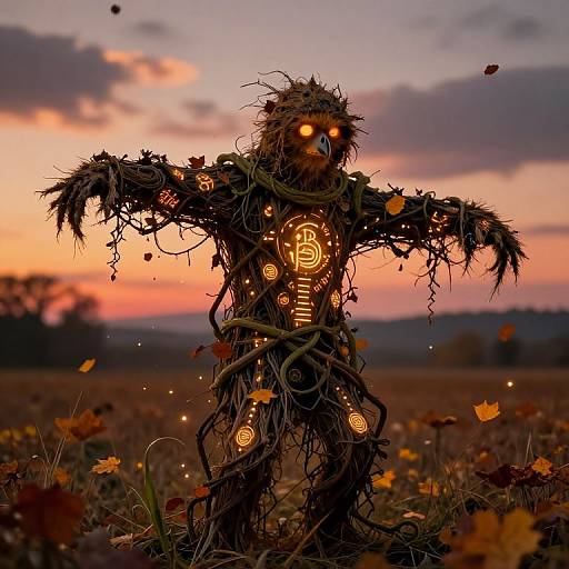 Photograph of a glowing, eerie scarecrow with twisted branches and glowing symbols, standing in a field at sunset, surrounded by autumn leaves.