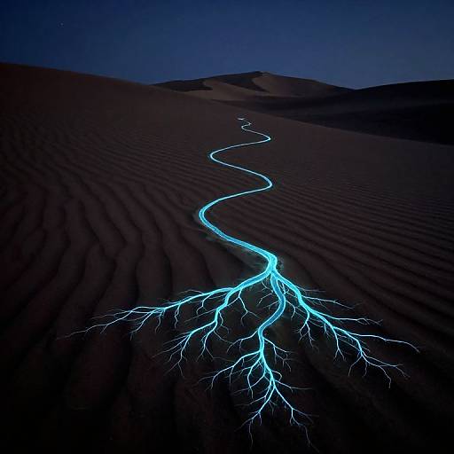 Photograph of a glowing blue lightning bolt-like light tracing a winding path through dark, rippled sand dunes under a starry night sky.