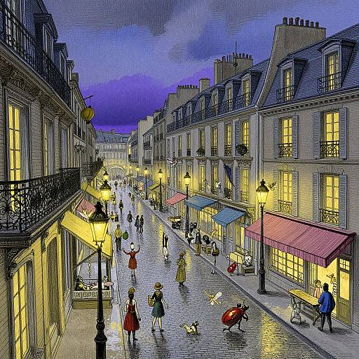 Digital illustration of a vibrant, rainy evening street in a European city, with illuminated buildings, street lamps, and pedestrians.