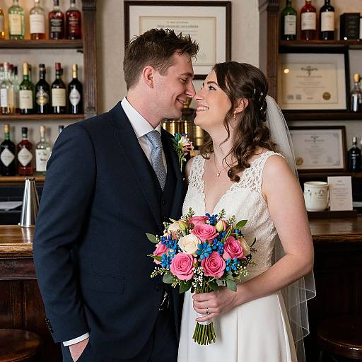 Photograph of a smiling bride in a white lace dress and veil, holding a colorful bouquet, and groom in a black suit, standing in a bar
