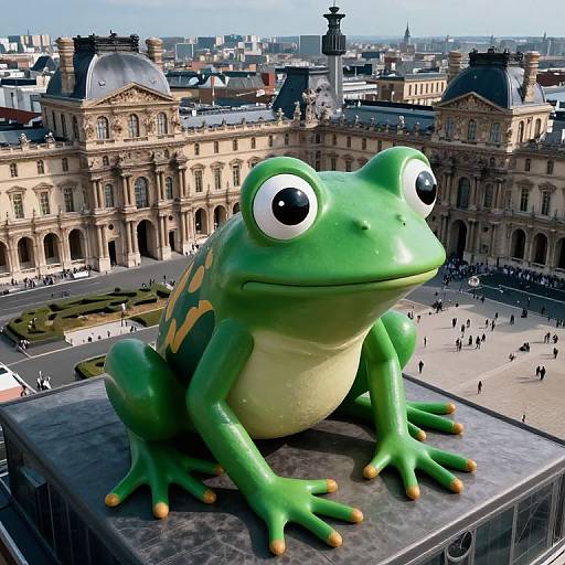 CGI image of a large, green cartoon frog with wide eyes, sitting on a rooftop, overlooking a historic European cityscape.