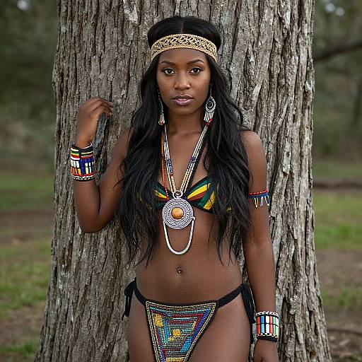 Photograph of a Black woman with long black hair, wearing a colorful beaded bikini, headband, and intricate jewelry, standing against a tree in
