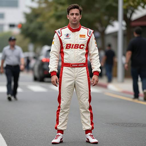 Photograph of a young male race car driver in white and red racing suit, standing on a city street, with blurred pedestrians and trees in the background