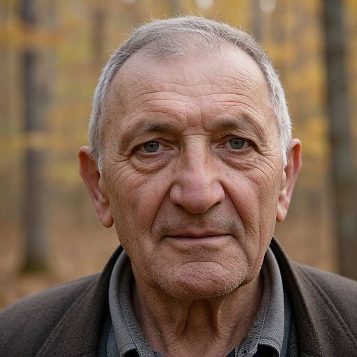 Photograph of an elderly Caucasian man with gray hair, wrinkles, and blue eyes, wearing a brown jacket over a gray shirt, in a blurry autumn
