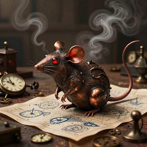 Photorealistic digital artwork of a smoking, metallic, red-eyed rat standing on a blue-penned, detailed sketch, surrounded by vintage clocks and