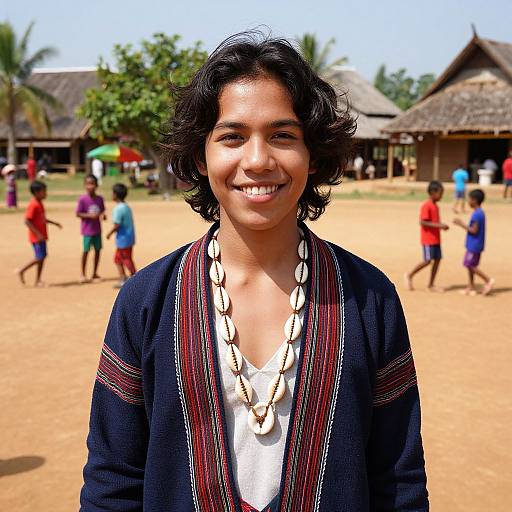 Smiling young woman with dark curly hair, wearing a black cardigan with white shell necklace, standing in a sunny village with children playing in the background