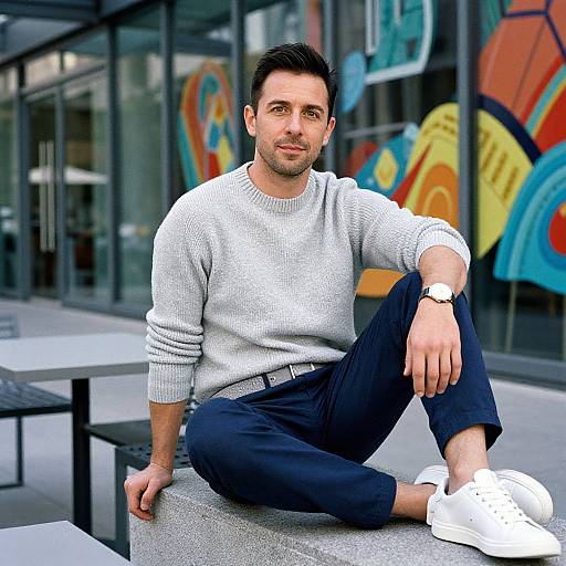 Photograph of a handsome, dark-haired man in a light gray sweater, black pants, and white sneakers, casually sitting outdoors on a stone bench,