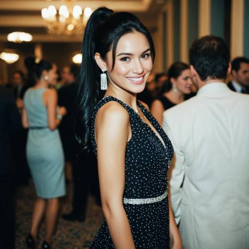 Smiling woman in black dress at formal party