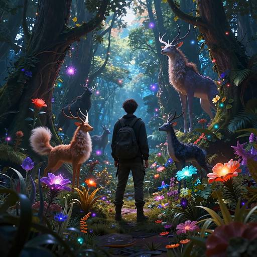 Digital fantasy artwork: Silhouetted person with backpack stands in enchanted forest, surrounded by glowing colorful flowers, and ethereal deer with antlers.