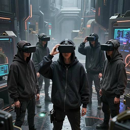Cyberpunk scene: Five men in black hoodies and VR headsets stand in a neon-lit, futuristic corridor with glowing screens.