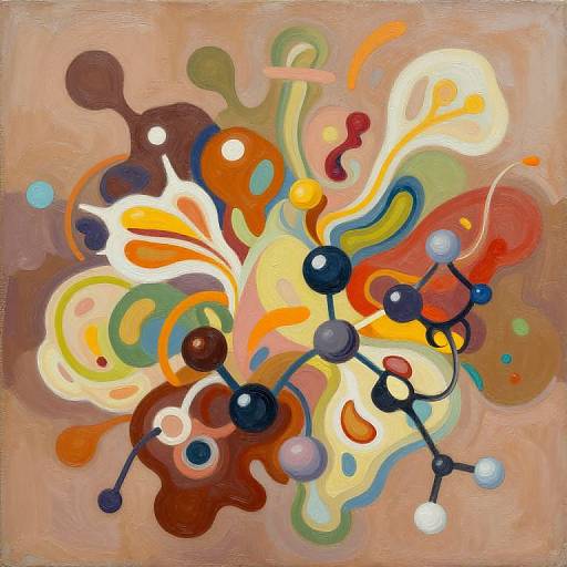 Abstract painting with swirling, colorful shapes in orange, yellow, white, brown, and black, featuring black dot connections against a beige background.