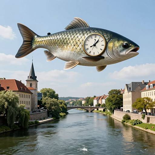 Photograph of a large, silver-scaled fish with a clock face on its side, flying above a European river town with historic buildings, a bridge