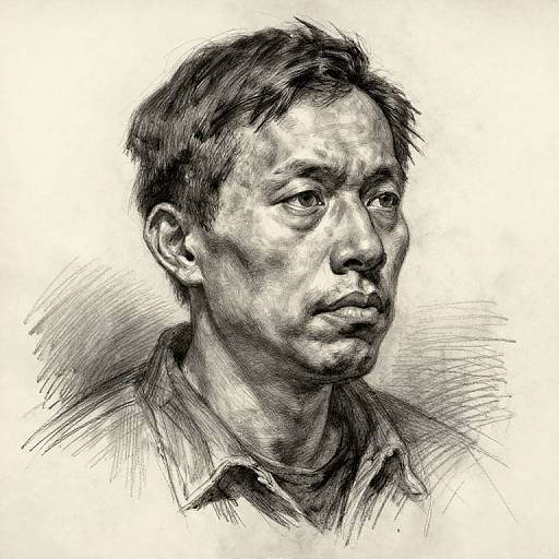 Black and white sketch of an Asian man with short, slightly messy hair, wearing a collared shirt. Detailed, realistic portrait with cross-hatching style