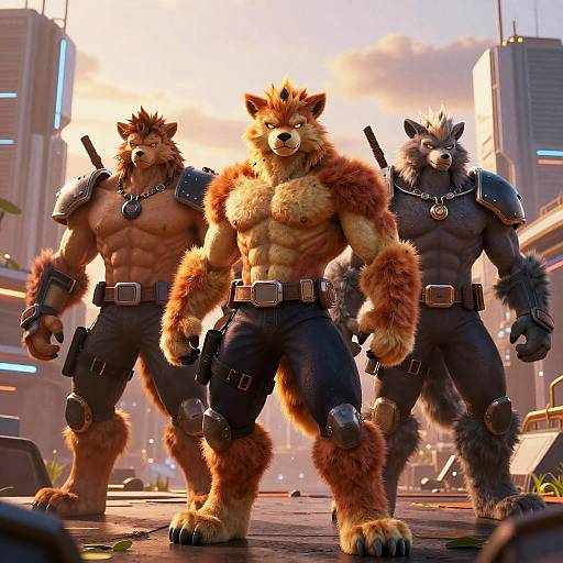 Digital art of three muscular, anthropomorphic wolves in sci-fi armor, standing confidently in a futuristic cityscape at sunset.