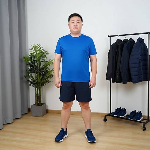 Photograph of an East Asian man in blue t-shirt, black shorts, and navy sneakers, standing in a minimalist room with gray curtains, potted
