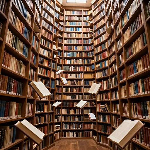 Photograph of a grand, circular library with wooden shelves filled with colorful books, illuminated by warm overhead lights, with several books floating mid-air.